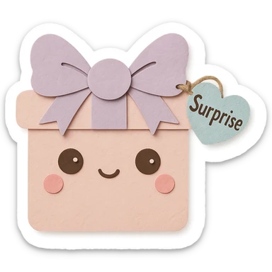 Recreate the blue heart-tagged pink gift in a paper craft style, with the name 'Surprise' on the tag, no background. sticker