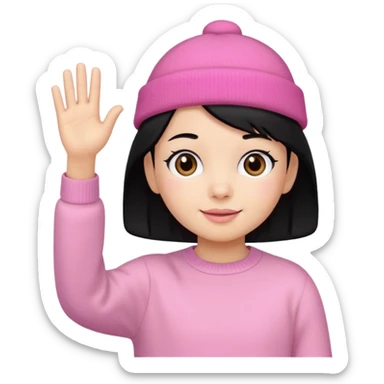 Kid in pink hat and jumper waving, black hair sticker