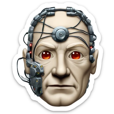 Jean luc picard from Star Trek assimilated by the Borg, with mechanical metal covering the left side of his face, with wires and a red light on the left side. His eyes are blue sticker