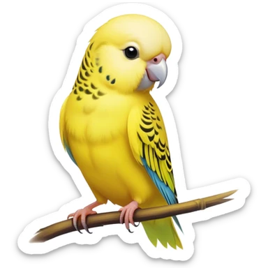 Cinematic Noble Yellow Budgie Portrait Emoji, Poised and regal, with a petite, delicate build and a smooth, well-groomed fur of brilliant yellow feathers, deep-set soulful dark eyes, Simplified yet sharp and sophisticated features, highly detailed, glowing with a soft, dignified glow, high shine, intelligent and charming, stylized with an air of elegance, focused and attentive, soft glowing outline, capturing the essence of a watchful and confident avian companion, so majestic it feels as though it could flutter out of the screen with effortless authority! sticker