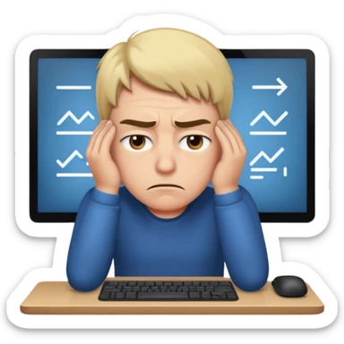 person stressed in front of computer sticker