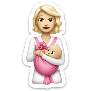 white blonde woman holding a baby that has a pink bow sticker