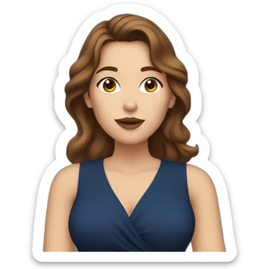 A white woman with brown hair, blowing a kiss, wearing long earrings and a dark blue dress sticker