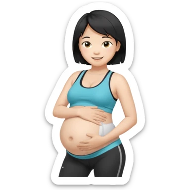 pregnant asian boy with short messy black hair wearing a sports bra with leggings holding his belly sticker