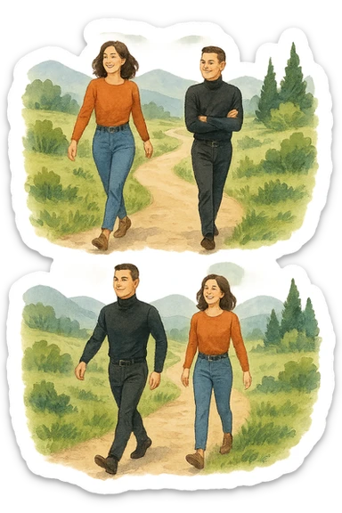 a man and a woman walk together along a winding path in a natural landscape. In one version, the woman leads confidently while the man follows a few steps behind, looking at lei con ammirazione. In un’altra versione, i ruoli sono invertiti, con l’uomo che guida e la donna che lo segue sorridendo. La scena trasmette l’idea che entrambi possano guidare o seguire, a seconda del momento. sticker