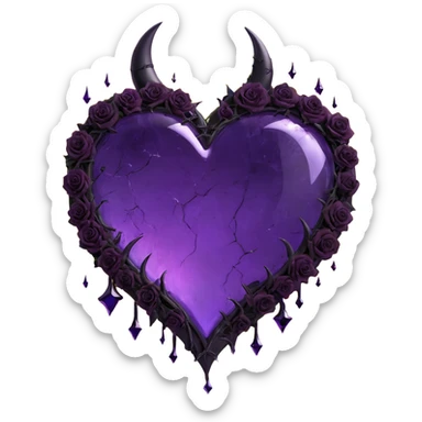 gothic heart made of purple glass with waning crescent moon at the top, scattered black rose petals, multiple lightning bolts, droplets only, deep fissures cracked glass texture sticker