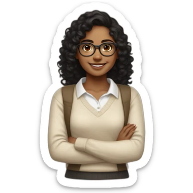 smiling dark skin indian teenage girl with black curly hair and glasses wearing a collared long sleeve white shirt under a beige v shaped collar sweatervest with no buttons sticker