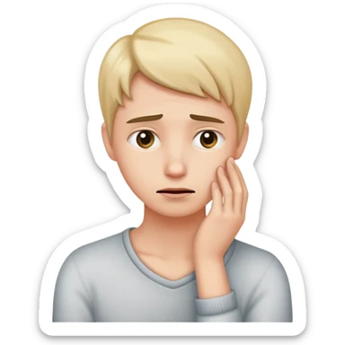 person with a worried expression, holding their hand to their neck sticker