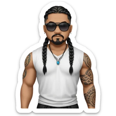 Samoan male. Chin goatee.
Unticked loose fitting white t-shirt. 
long black braided hair.
very muscular.
More tattoos. 
Tough and menacing.
All black sunglasses. sticker