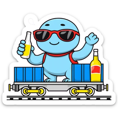 A comical locomotive partying with sunglasses, dancing on train tracks, holding vodka bottles like maracas sticker