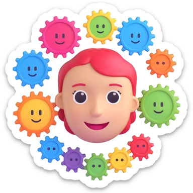 3D emoji style smiling AI face with gears and sliders, customizing a set of colorful avatars and charts, symbolizing tailored work programs and customer service sticker
