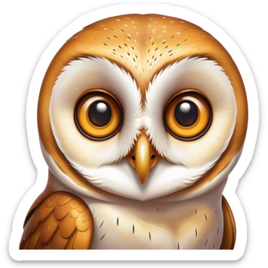 Cinematic Comical Barn Owl Portrait Emoji, Head tilted dramatically with an exaggeratedly amused expression, featuring a striking mottled plumage with bold contrasts, wide, expressive amber eyes filled with playful disbelief, Simplified yet hilariously expressive features, highly detailed, glowing with a slightly sassy glow, high shine, dramatic yet playful, stylized with an air of cheeky nocturnal mischief, bright and endearing, soft glowing outline, capturing the essence of a spirited and over-the-top owl, so meme-worthy it feels like it could hoot its way into internet fame instantly! sticker