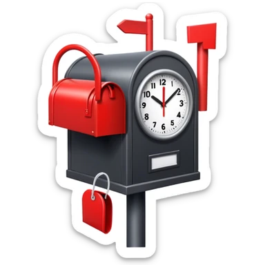 Mailbox filled with red cylindrical objects, wires, and a clock sticker