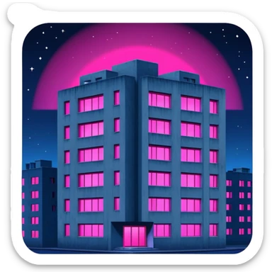 Soviet-style apartment block at night, stark concrete silhouette against dark blue night sky, single window emitting vibrant pink ultraviolet light, ghetto ambience sticker