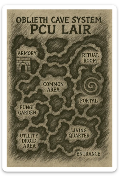 a hand drawn map of how to navigate the Oblieth cave system to find the PCU Lair sticker