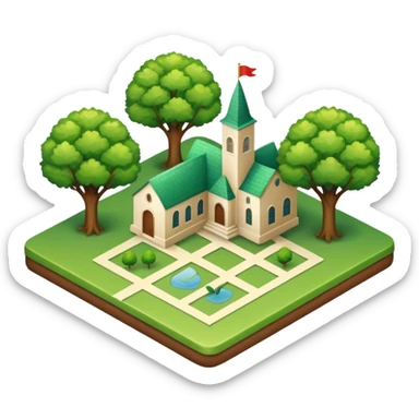 An icon featuring a local map, and regional landmarks, symbolizing local gardening. The design includes a tree, and 1 building, representing the unique geography and culture of a specific area. Transparent background highlights the exploration of local history and environment. sticker