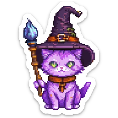 magical purple cat with witch accessories pixel art sticker