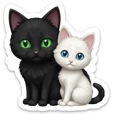 Black cat with green eyes cuddling next to small white kitten with blue eyes  sticker