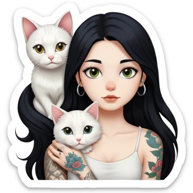 girl with long black hair and tattoos and a white cat sticker