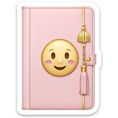 Cute pastel emoji illustration of a soft pink journal with scalloped edges, tiny gold dot details, and a small tassel charm, cozy and elegant stationery vibe sticker