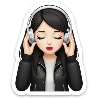 Girl with dark hair, fair skin tone, wearing a black jacket, has glitter on her eyelids, and wearing lipstick, wearing white headphones, her hands are on her ears, and her eyes are close sticker