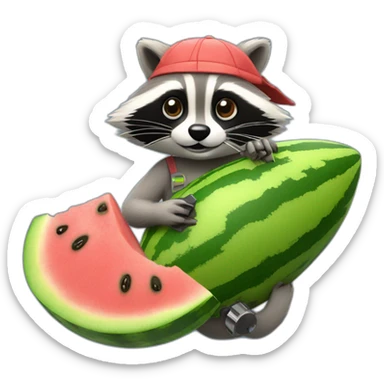 A raccoon with a watermelon behind the wheel of a car and a spanner sticker