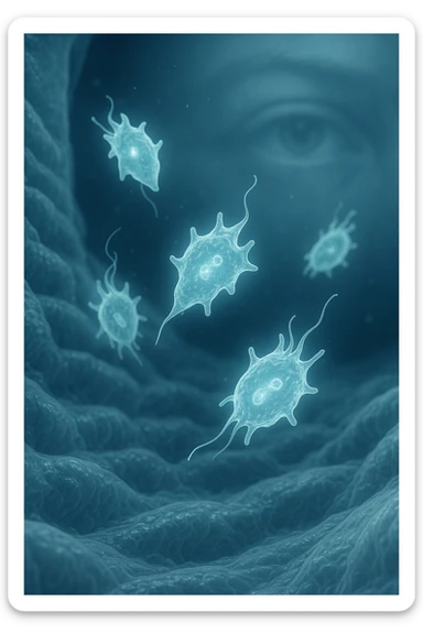 A detailed macro-style image of a translucent human intestinal wall under extreme magnification. Floating nearby are multiple protozoa — small, semi-transparent, shapeshifting organisms with flagella or cilia, glowing faintly under the microscope. In contrast, a faded overlay silhouette of a human eye is shown in the background, symbolizing how these organisms are invisible to unaided vision. The scene is softly lit with cool bluish tones, evoking a clinical and microscopic atmosphere. Focus is hyper-sharp on the protozoa, with blurred organic tissue textures in the background. Educational yet haunting, it shows how much remains unseen inside the body sticker
