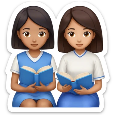 pretty asian two girls sitting reading blue books sticker