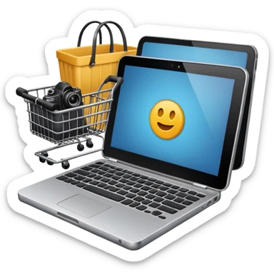 shopping basket with a laptop, smartphone, and camera inside emoji sticker