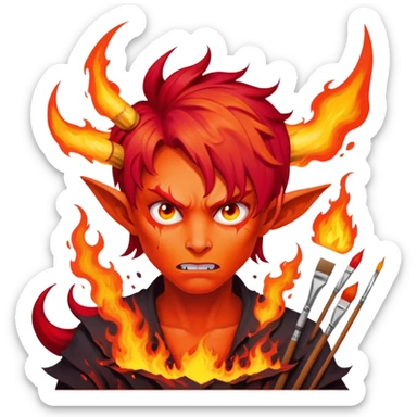 demon artist with wild fiery hair painting chaotic art in hellscape sticker