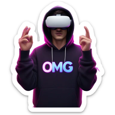 Russian man wearing a black hoodie with "OMG" letters on it and VR headset oculus quest 2 in a cyberpunk VR environment with violet neon lighting. Showing direction with hand sticker