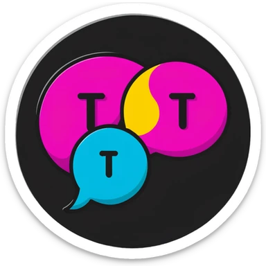 Minimalist sticker with white 'tt' letters on a black circle with cyan, magenta, and yellow dots below, speech bubble with street style influence sticker