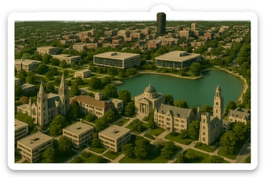 Add the Sigma Chi International Fraternity Headquarters and the Levere Memorial Chapel (Sigma Alpha Epsilon HQ) as new, visible landmarks to the existing cityscape. Keep all original Northwestern University campus, Lake Michigan shoreline, and downtown Evanston features intact. Do not remove or change any existing elements. Render in a cinematic, realistic style with a transparent background. sticker