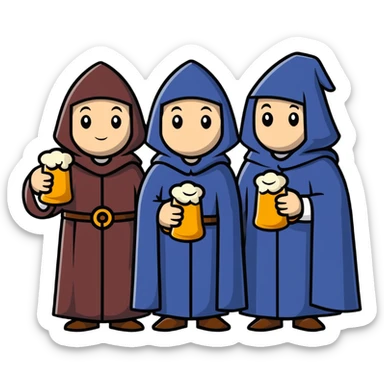 group of medieval pilgrims with cloaks and beer bottles sticker