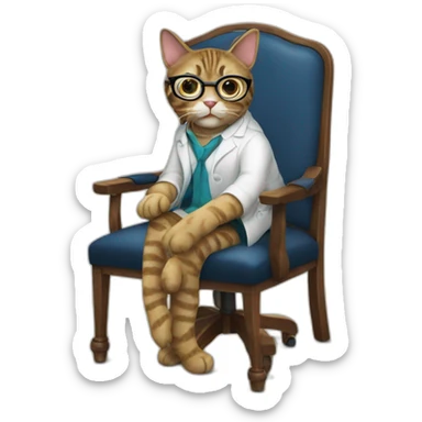 a cat phd in a chair by desk with glasses and dress sticker