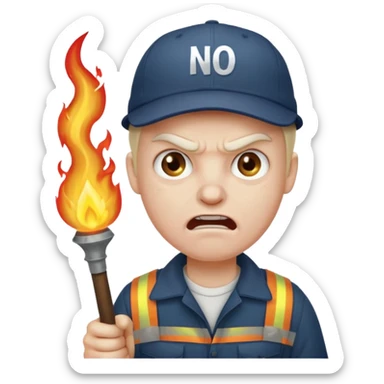 Angry man with a torch and a pitchfork and a cap that says "no blathy" sticker