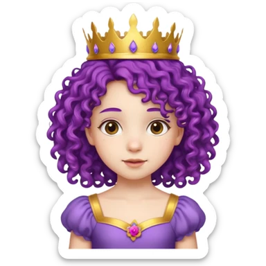 Princesses kid girl, with Gold Crown and flower on purple curly hair, with white dress sticker