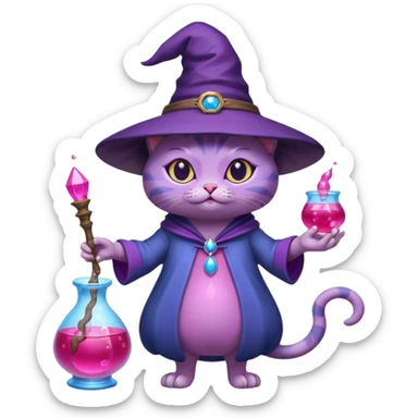 Purple witch cat full body with pink potion and blue potion bubbling  sticker