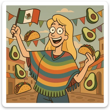 playful cartoon of a tall blonde woman wearing a colorful poncho, smiling, holding a taco and an avocado, waving a Mexico flag, surrounded by tacos and avocados, street party scene sticker