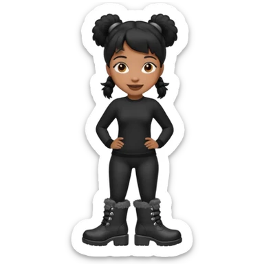 A brown skin thats slim and thick body with black hair into two pigtails and wears all black outfit with gray furry boots  sticker