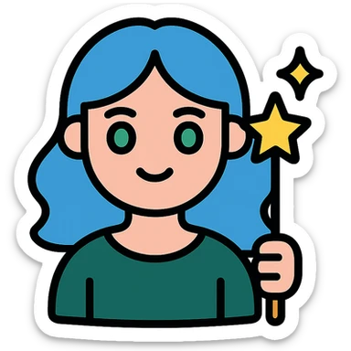 beautiful girl with blue hair and green eyes, holding a magic wand, wearing dark green dress, icon style sticker