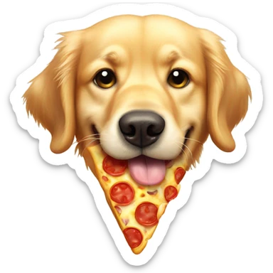 Golden retriever with pizza slice hanging from his mouth. Have the golden biting down on the pizza  sticker