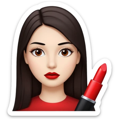 A woman emoji with fair skin, long straight dark brown hair parted in the middle, dark eyebrows, and red lipstick. sticker
