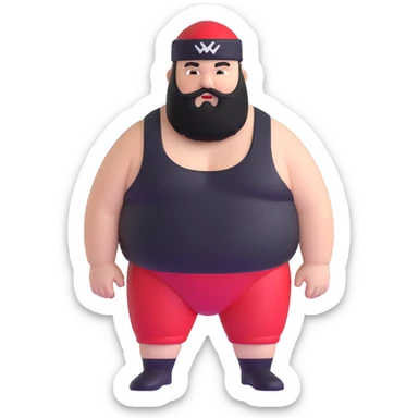 White skin fat guy with black durag and black beard in a red and black wrestling singlet sticker