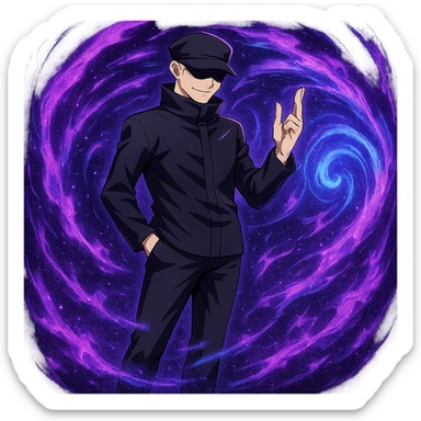 Add Hollow Purple effect with swirling purple and blue energy around Gojo Satoru, keeping his confident pose, in anime style, no background. sticker