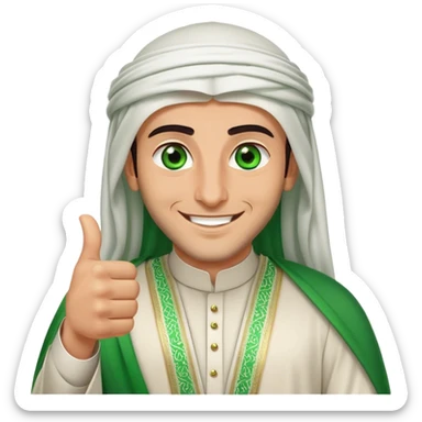 Arab Saudi man with green eyes, wearing an agal and traditional attire, smiling happily and giving a big thumbs-up sticker
