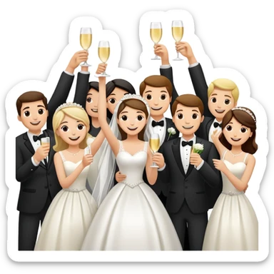 Wedding party raising joints for a celebratory toast, colorful wedding group with bride and groom at the center, cheerful cartoon style sticker