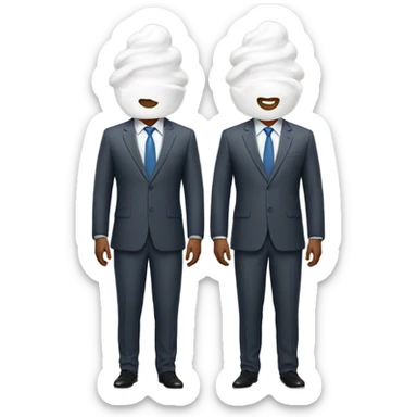 Two men covered in yogurt wearing suits with yogurt on their head and suits sticker