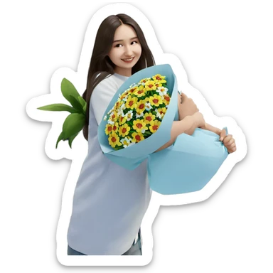 smiling girl with flower bouquet sticker