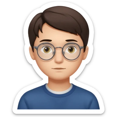 BRUNETTE teen boy with medium short middle parted hair, GREY eyes, round Glasses looking judging to the Side sticker